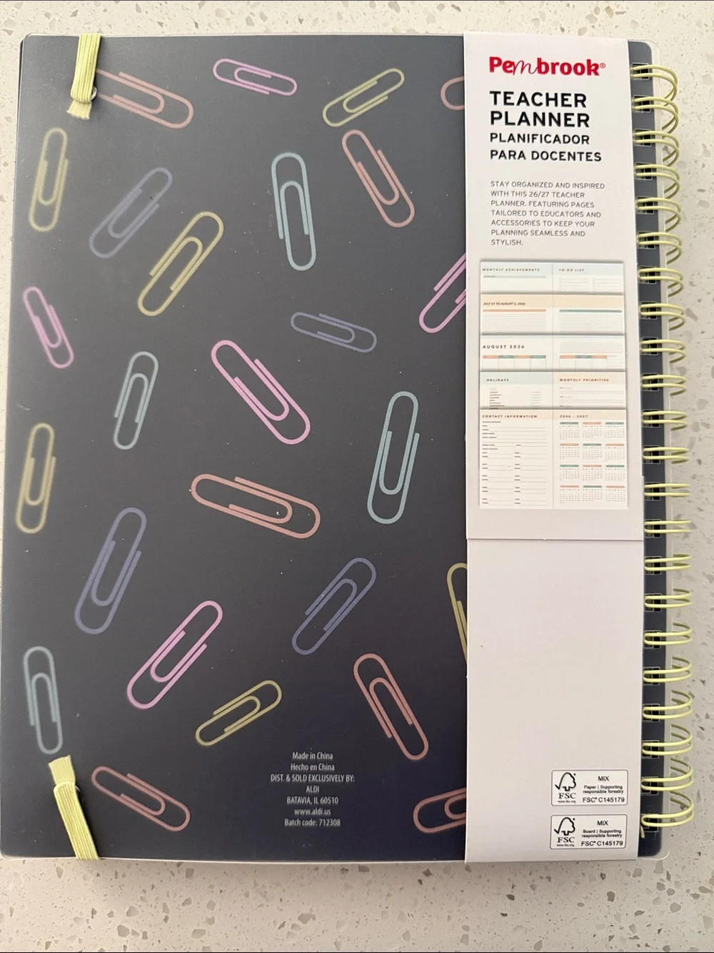 Pembrook 2026-2027 Teacher Planner – Black with Pastel Paperclip Design
